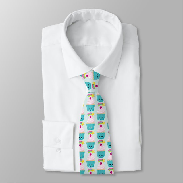 Cravate Cute gâteau bleu avec Motif de visage Kawaii (Attaché)
