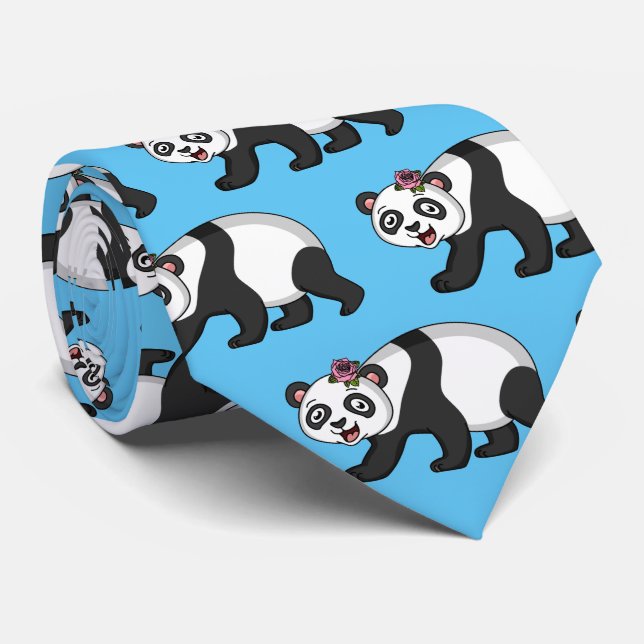 Cravate Cute happy panda bear with flower cartoon (Roulé)
