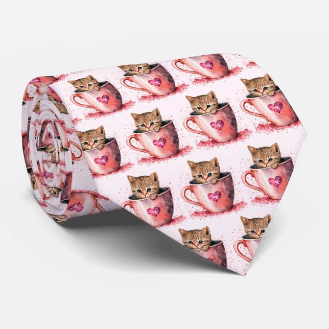 Cravate Cute Kitten dans un Teacup avec Motif de coeur (Roulé)