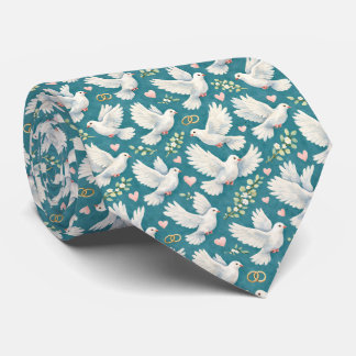 Cravate Cute love doves hearts rings tiled wedding