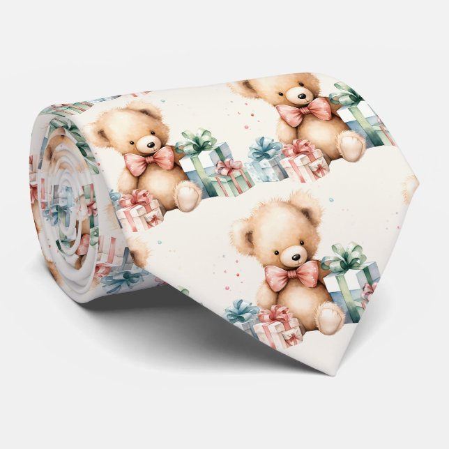 Cravate Cute Teddy Bear avec Noël Présents Motif (Roulé)