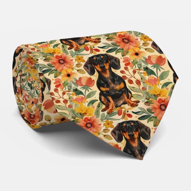 Cravate Dachshund Avec Fleurs Gouache (Roulé)