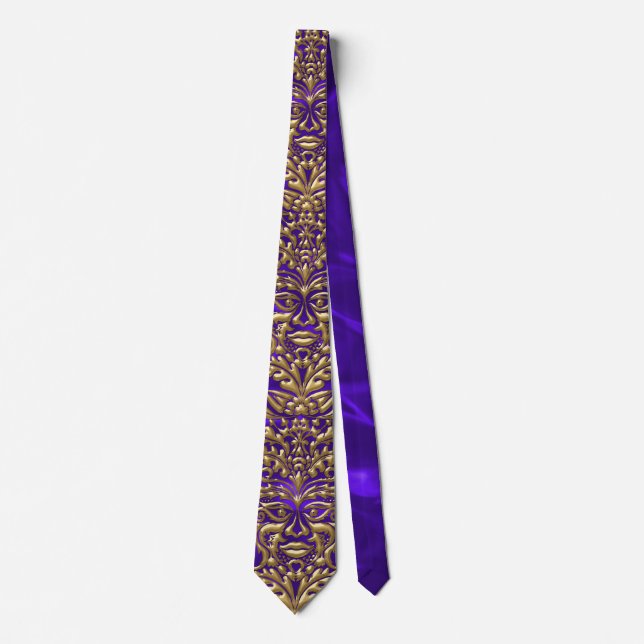 Cravate Damas d'or liquide GreenMan sur imprimé satin viol (Devant)