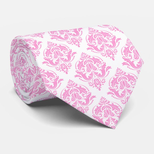 Cravate Damas florales rose et blanc clair (Roulé)