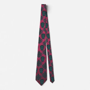 Cravate Damas turquoises Et Crânes Sur Texturé Hot Rose