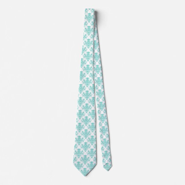 Cravate Damask 02 Motif - Aqua Blue sur blanc (Devant)
