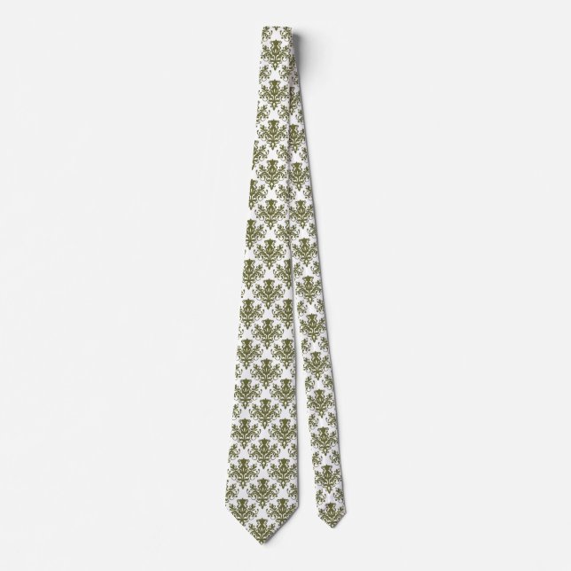 Cravate Damask 02 Motif - Olive profond sur blanc (Devant)