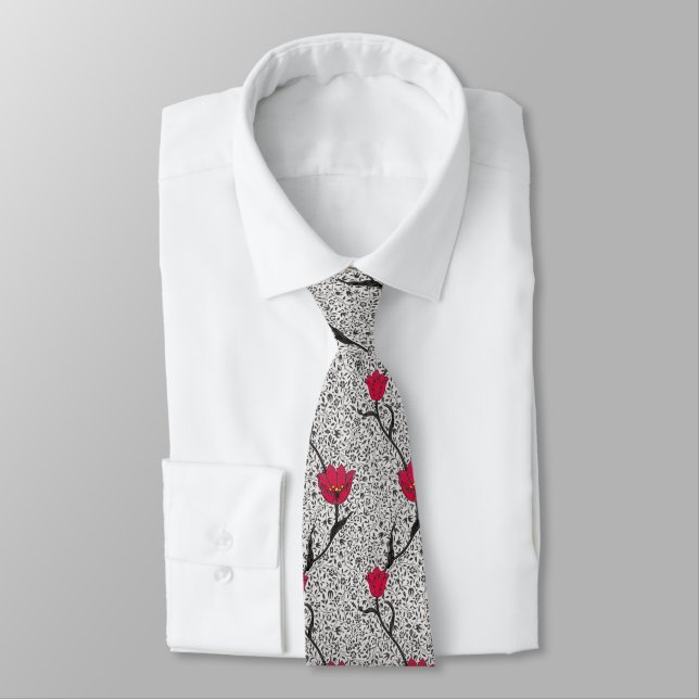 Cravate Damassé, gris et rouge de tulipe de Nouveau d'art (Attaché)