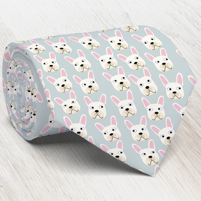 Cravate de Bulldog français blanc et crème (White and cream French Bulldog pattern pale blue art neck tie)