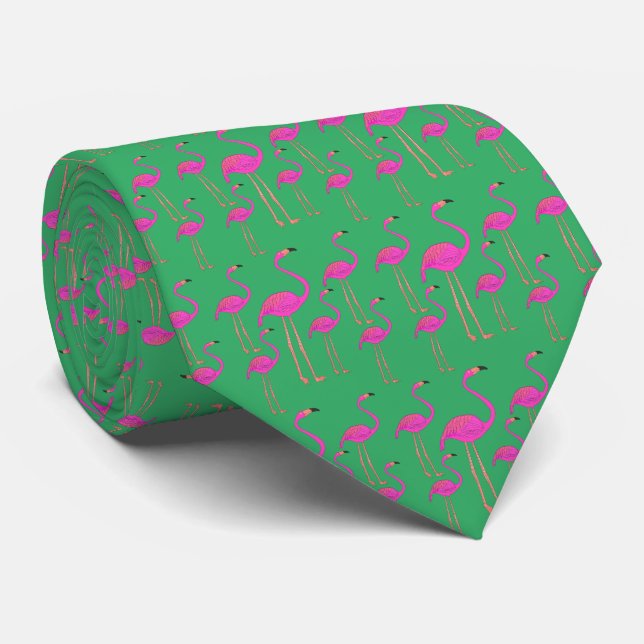 Cravate de Flamants roses funky vert et rose (Roulé)