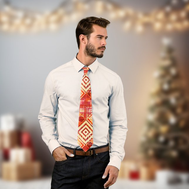 Cravate de Motif Abstrait géométrique d'origine (Tie featuring a unique geometric patterned design in ivory yellow and reds. Beautiful for Christmas)