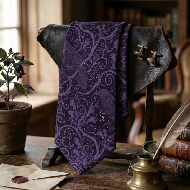 Cravate Déclaration formelle de l'Académie sombre au corbe (Whimsigoth raven purple necktie)