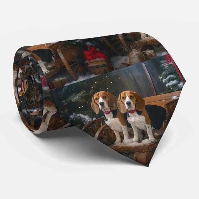 Cravate Décor de Noël beagle Snowy Sleigh (Roulé)