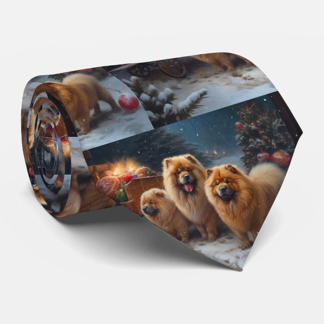 Cravate Décor de Noël Chow Chow Snowy Sleigh (Roulé)