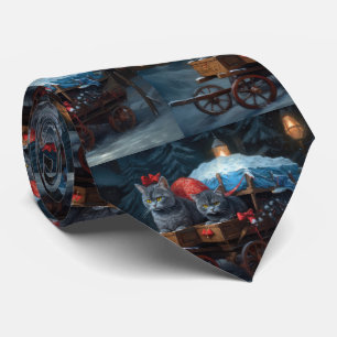 Cravate Décor de Noël Oriental Blue Cat Snowy Sleigh