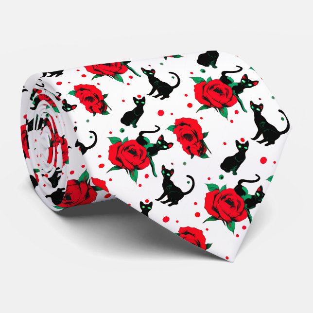 Cravate Déplaisant Cute Chats Noirs Roses Rouges Motif (Roulé)