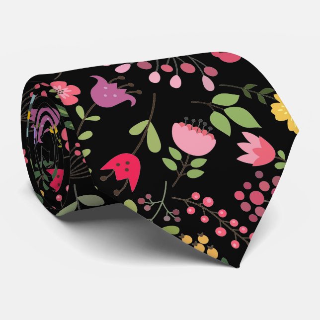 Cravate Design floral fleur sauvage élégant sur noir (Roulé)
