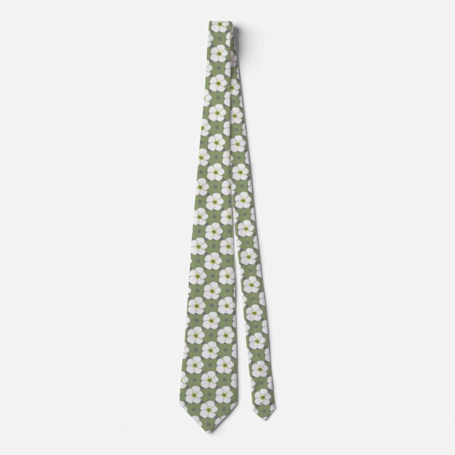Cravate Design Khaki Fleurs Blanches Flore (Devant)