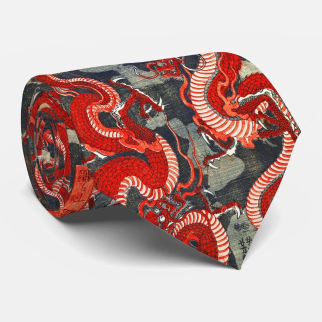 CRAVATE DEUX DRAGONS BOIS JAPONAIS COUPÉ EN BLEU ROUGE BLA (Roulé)