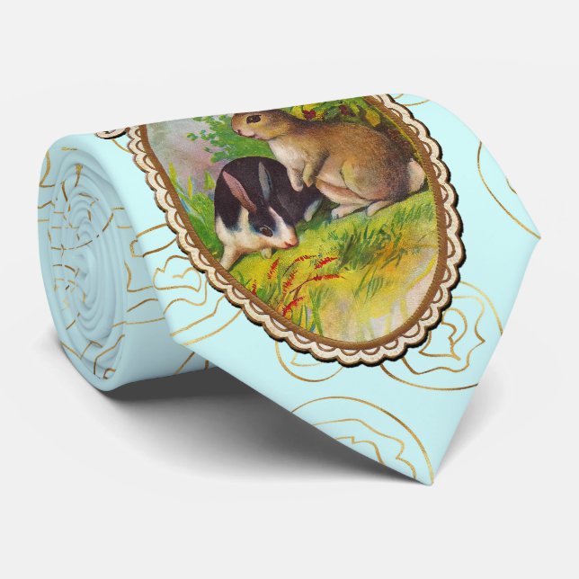 Cravate Deux Jolies Bunnies Pâques Or Fleurs Turquoise Cra (Roulé)
