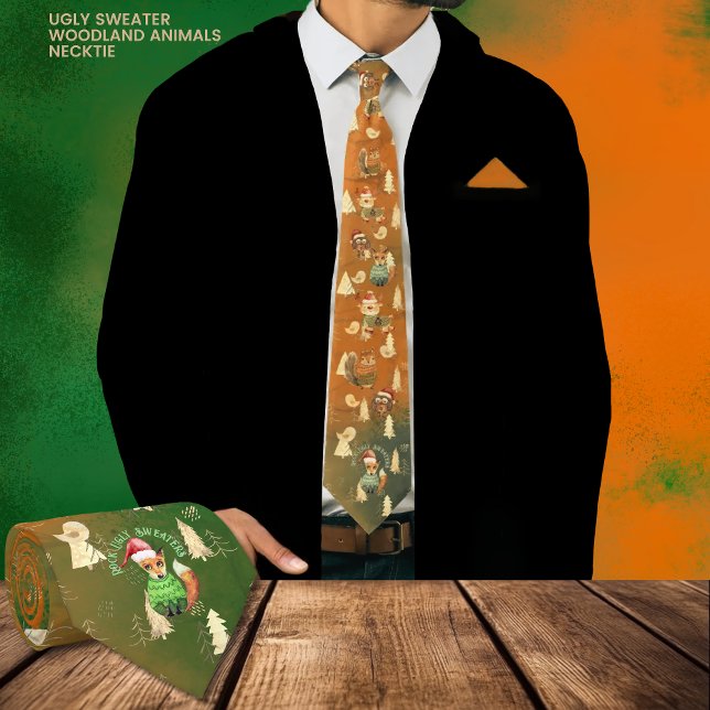 Cravate Doux moche animaux Cool orange vert (Ugly Sweater Cool Animals Orange Green Neck Tie)