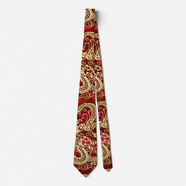 Cravate Dragon d'or embouti sur papier satin rouge (Devant)