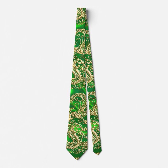 Cravate Dragon d'or embouti sur satin vert (Devant)
