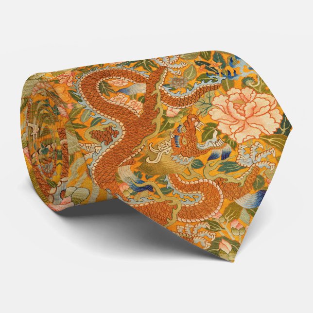Cravate DRAGON PARMI LES PÉONIES, FLEURS, Floral FEUILLE V (Roulé)