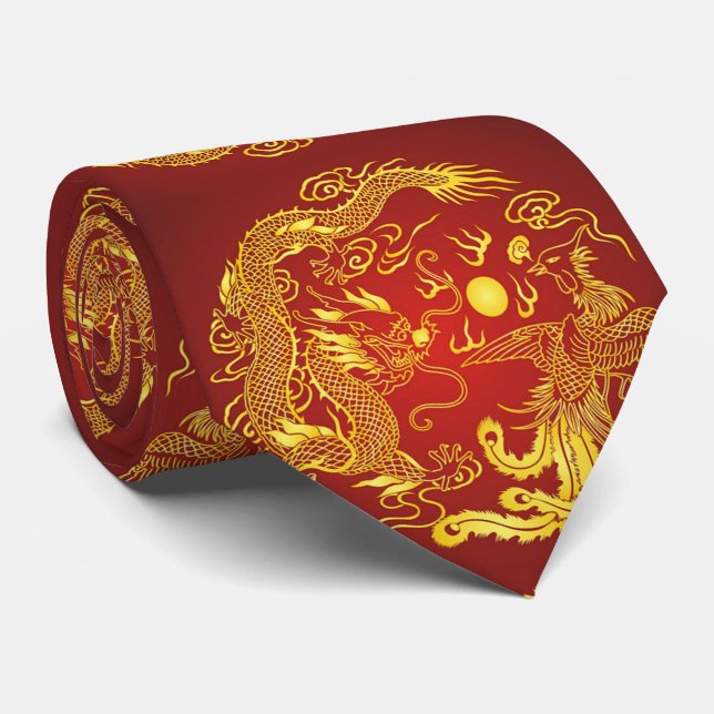 Cravate Dragon Rouge Doré Phénix Cadeau de Mariage Chinois (Roulé)