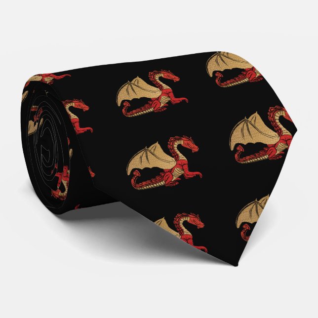 Cravate Dragon rouge et or (Roulé)