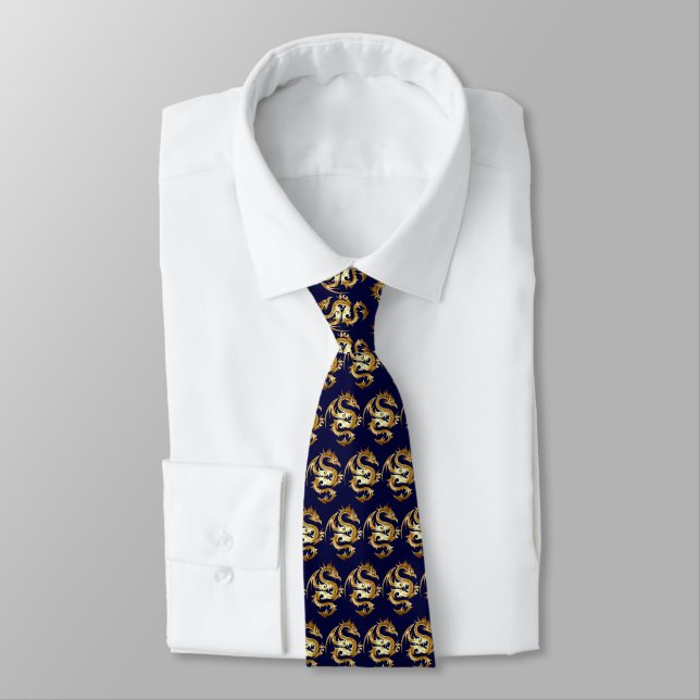 Cravate Dragons d'or sur le bleu profond (Attaché)