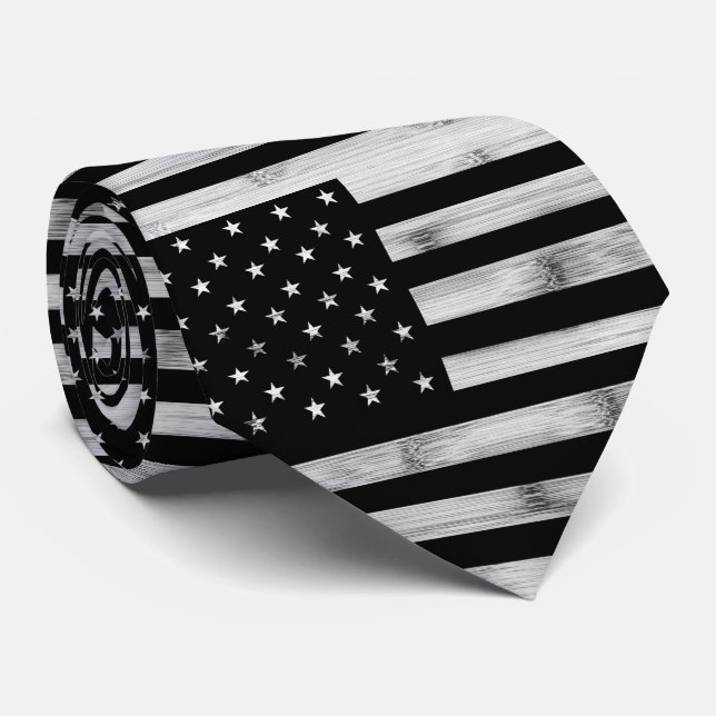 Cravate Drapeau américain Bois rustique Noir Blanc Patriot (Roulé)