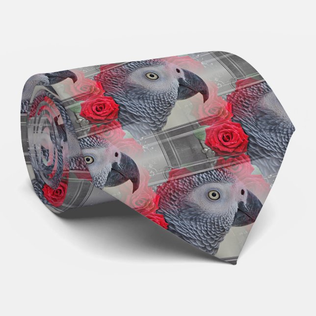 Cravate Dreamy African Grey with Red Roses (Roulé)