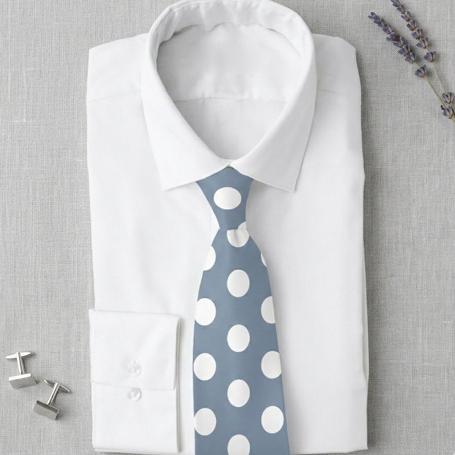 Cravate Dusty Blue and White Polka Dot Wedding Tie (Dusty blue tie with white polka dots for your wedding.)