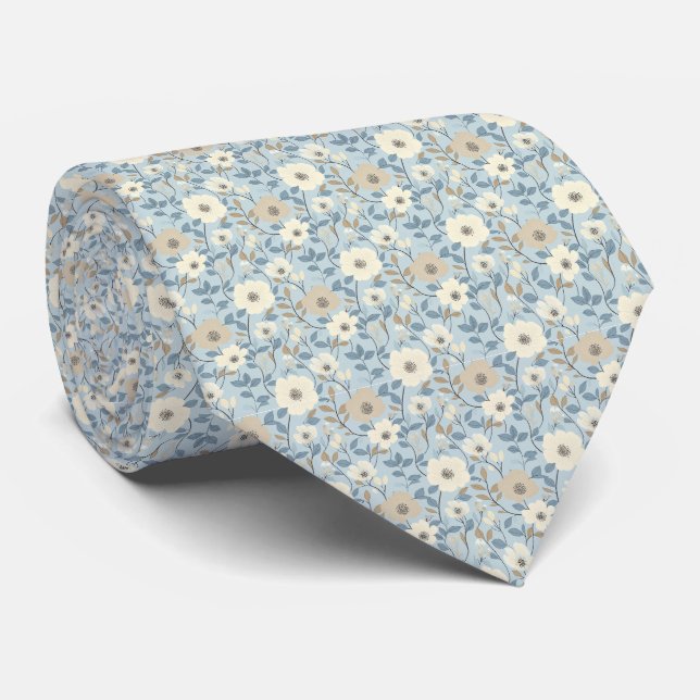 Cravate Dusty Blue Beige Floral Wedding Groom Groomsman (Roulé)