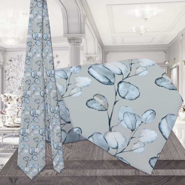 Cravate Dusty Blue Eucalyptus Sprigs Mariage argent (Créateur téléchargé)