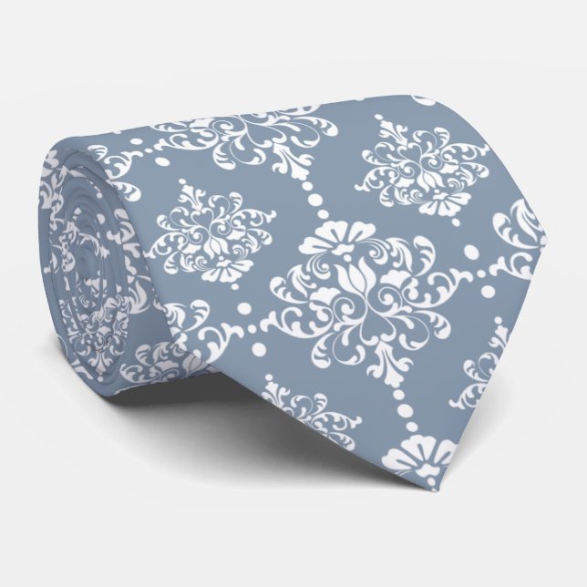 Cravate Dusty Blue Floral Damask motif Groomsmen Mariage (Roulé)