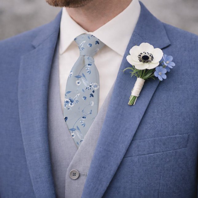 Cravate Dusty Blue Floral Pattern Wedding Tie (Créateur téléchargé)