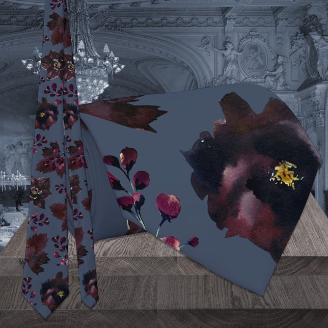 Cravate Dusty Navy Bleu Bourgogne Bordeaux Floral Mariage (Créateur téléchargé)