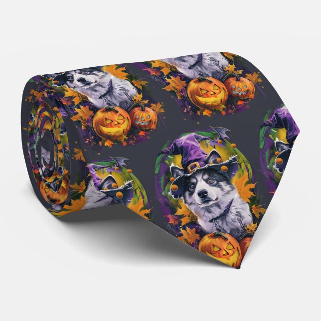 Cravate Éffrayant Akita Halloween Witch et Citrouille (Roulé)
