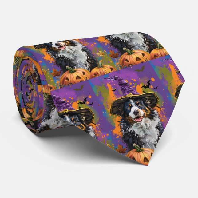 Cravate Éffrayant Australien Berger Halloween Citrouille s (Roulé)