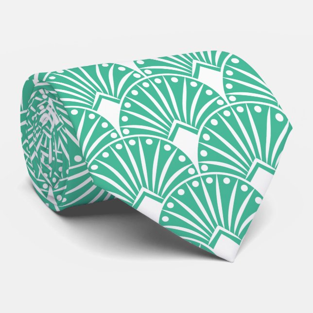 Cravate Elégant Art Déco Blanc Sur Arrière - plan Turquois (Roulé)