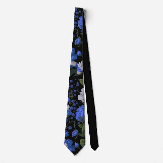 Cravate Elégant bleu argenté blanc élégant floral rétro (Devant)