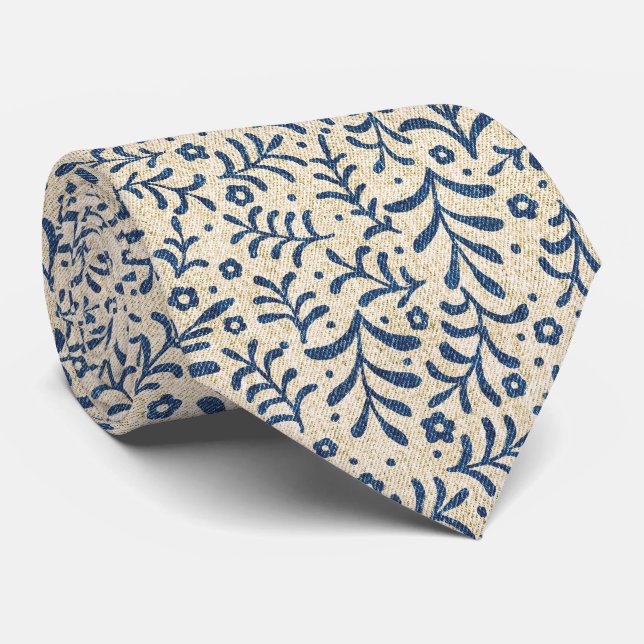 Cravate Elégant bleu et crème Botanique Calico Motif (Roulé)