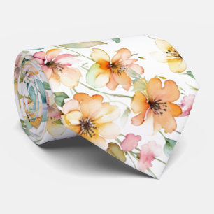 Cravate Elégant Boho Orange Rose Aquarelle Fleurs sauvages