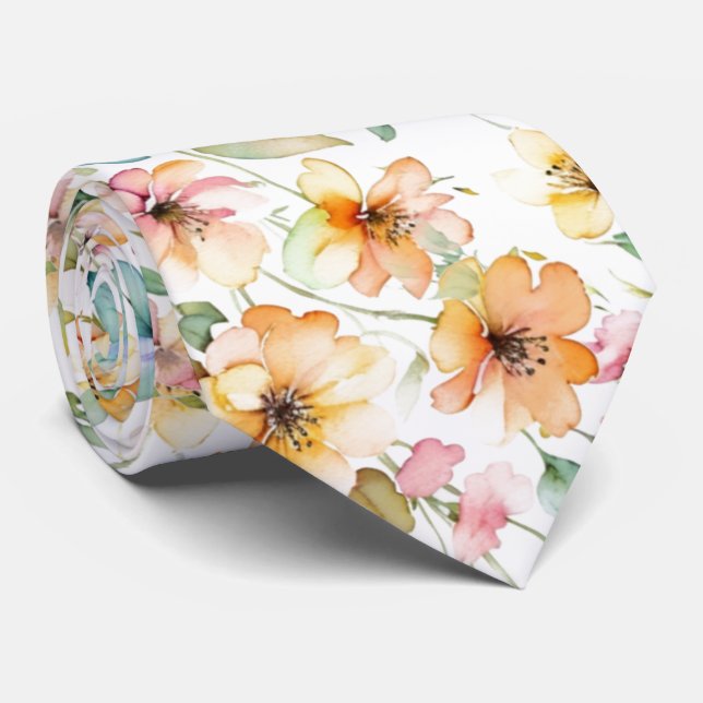 Cravate Elégant Boho Orange Rose Aquarelle Fleurs sauvages (Roulé)