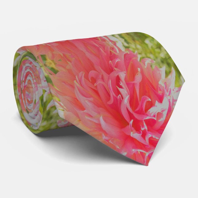 Cravate Elégant corail et Dahlia décoratif rose (Roulé)