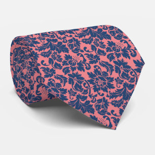 Cravate Élégant Damas floraux rose et bleu