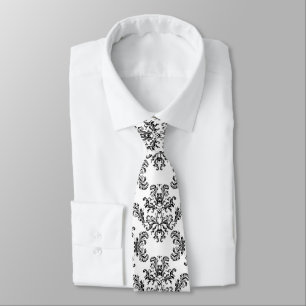 Cravate Élégant damas noir vintage sur blanc