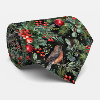 Cravate Elegant Festive Christmas Flowers with Birds